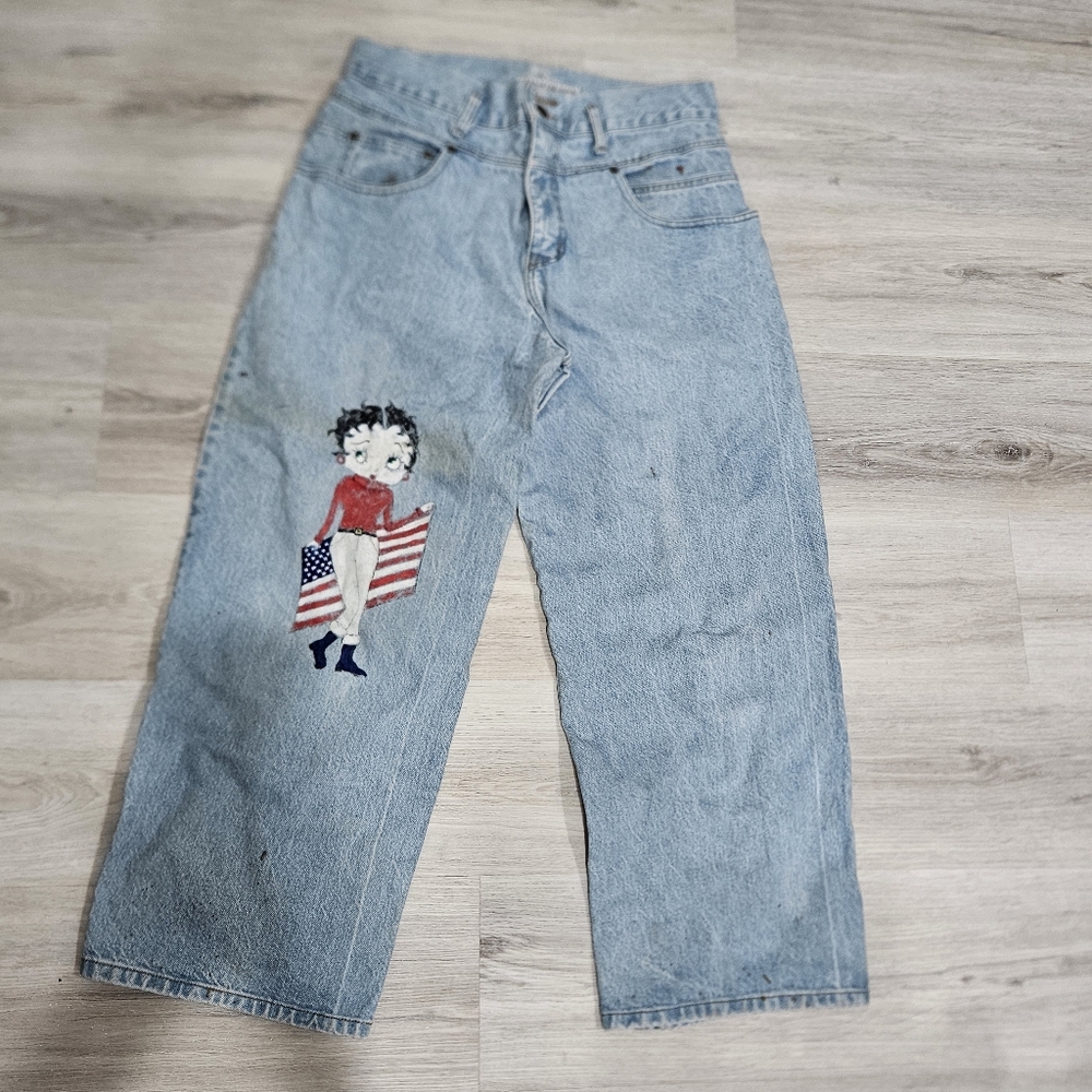 Vintage 80s90s Made Invthe Shape Light Blue Jeans with Betty Boo Paint